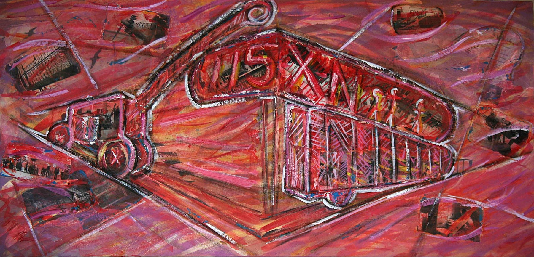 Broken Wing mixed-media painting by Nova Hall. A panoramic 20x34 inch canvas depicting the perilous craning of the Spirit of St. Louis from the San Diego factory. Integrates original 1927 Donald A. Hall Estate Archive photographs showing the aircraft suspended over a boxcar. Created in 2010 under Leandro Soto using Robert Rauschenberg assemblage techniques. Essential for aviation museums and fine art collectors.