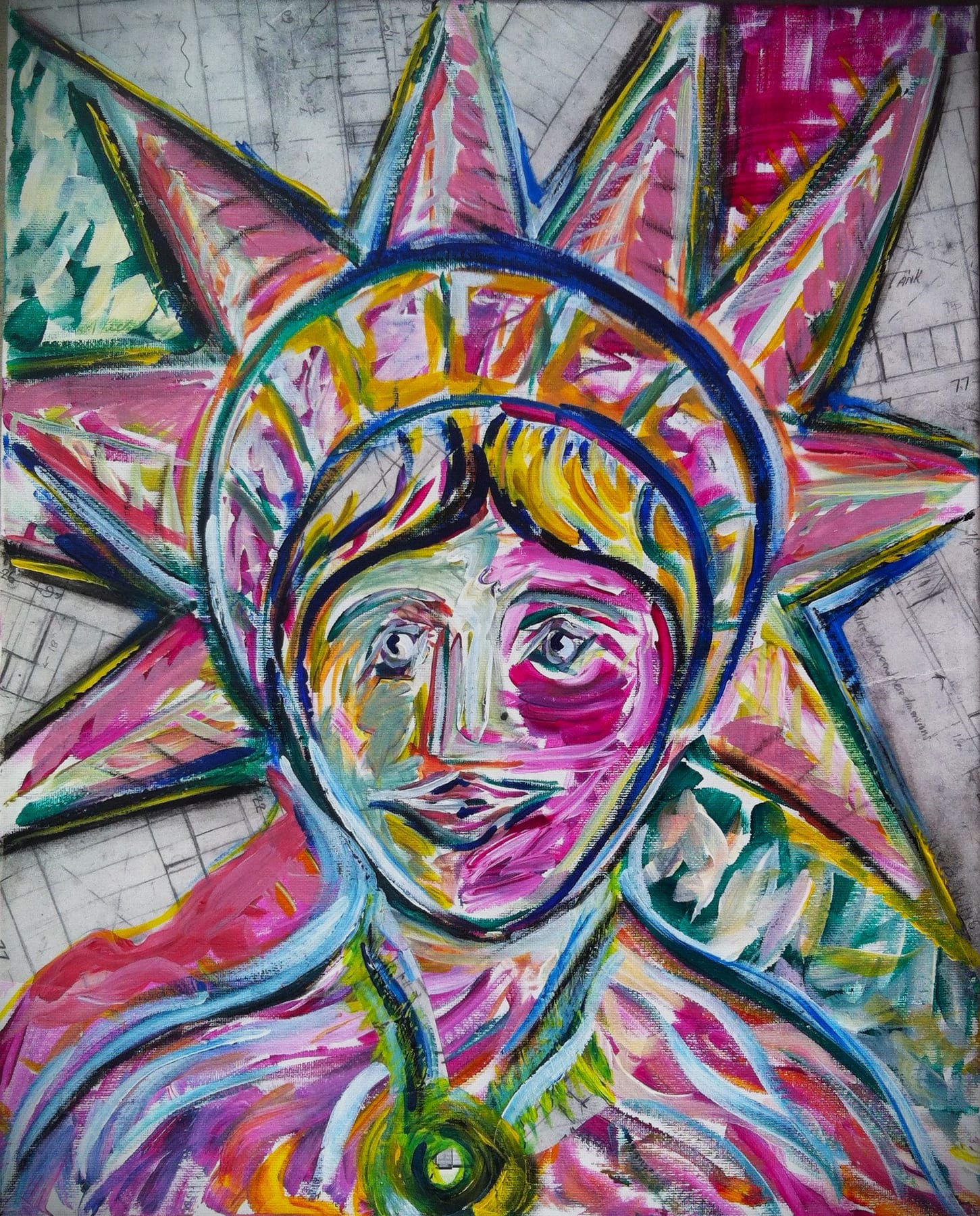 Liberty mixed-media painting by Nova Hall. A 20x16 inch contemporary fine art portrait of the Statue of Liberty, adorned with original 1927 wing drawings from the Donald A. Hall Estate Archive. Mentored by Leandro Soto, this artwork utilizes Arte Povera and Robert Rauschenberg collage techniques to represent the New York departure of the Spirit of St. Louis. Highly collectible for aviation museums and art investors.