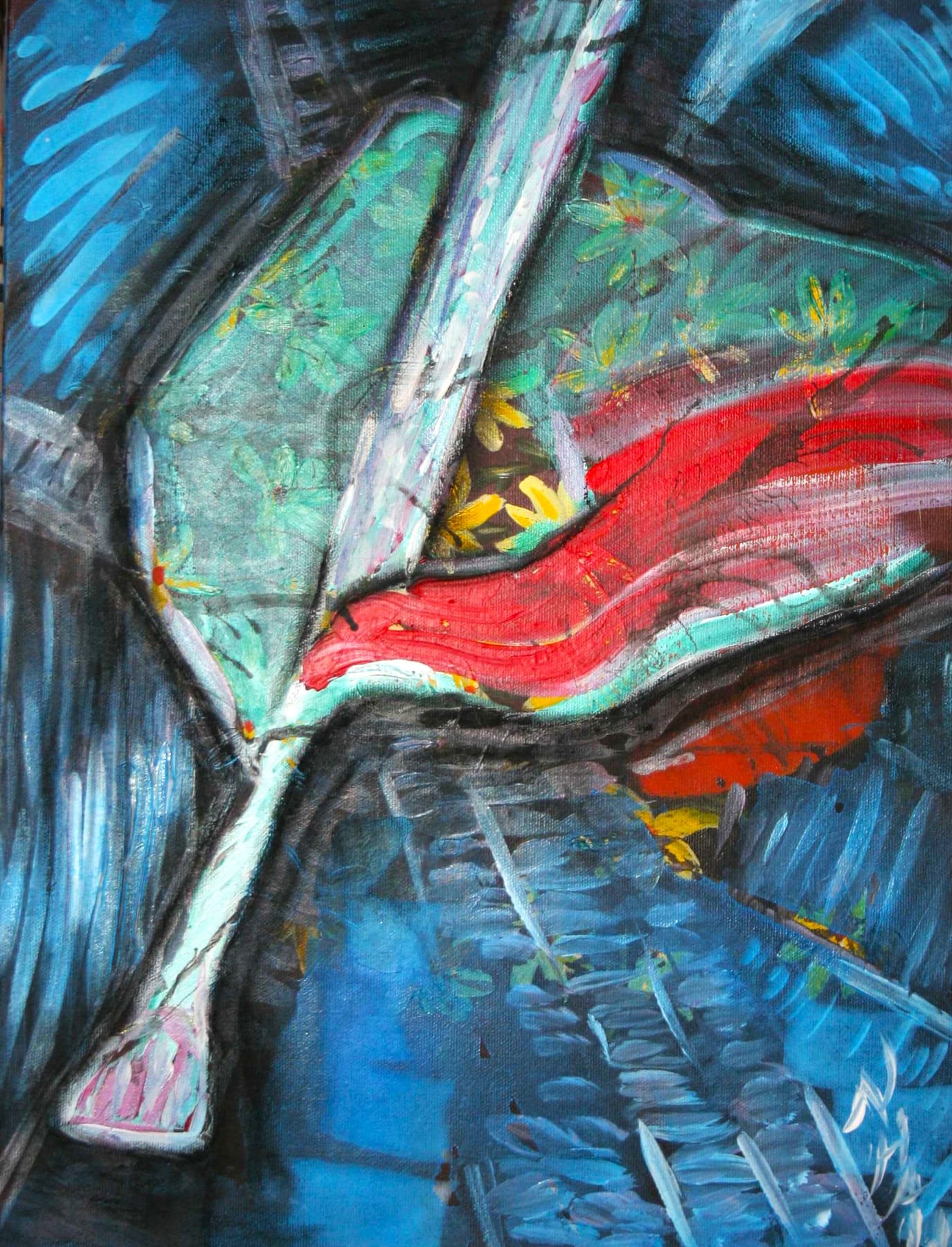 Painting Webs mixed-media self-portrait by Nova Hall. A 16x12 inch contemporary artwork depicting the artist's hand holding a paintbrush. Influenced by Leandro Soto and the emotional palettes of Marc Chagall. Utilizes Robert Rauschenberg assemblage and Arte Povera methods to explore the connection between the 1927 Donald A. Hall Estate Archive and modern creation. Desirable for fine art collectors and museums.