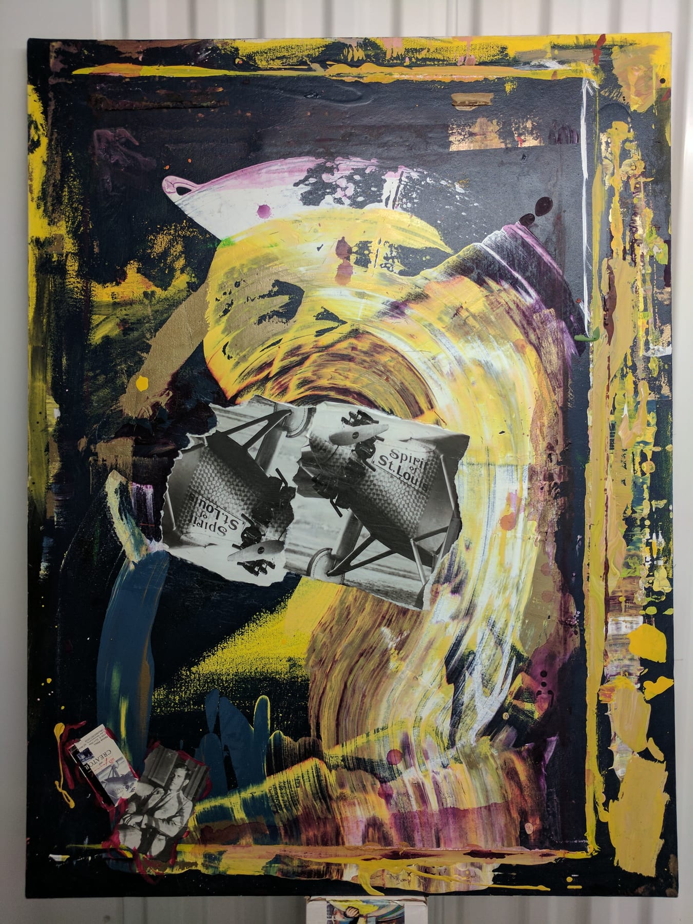 Power mixed-media painting by Nova Hall. A striking 36x24 inch contemporary aviation artwork featuring a dynamic yellow and violet propeller swirl over a torn photograph of the Spirit of St. Louis. Created in 2010 under the mentorship of Leandro Soto utilizing Robert Rauschenberg assemblage techniques. Incorporates original 1927 Donald A. Hall Estate Archive photographs. Highly sought by museum collectors, this piece was stolen from Sun Studios in Tempe, Arizona, after exhibitions at the Florida Lindbergh Dinner, West Valley Art Museum, and Phoenix First Friday.