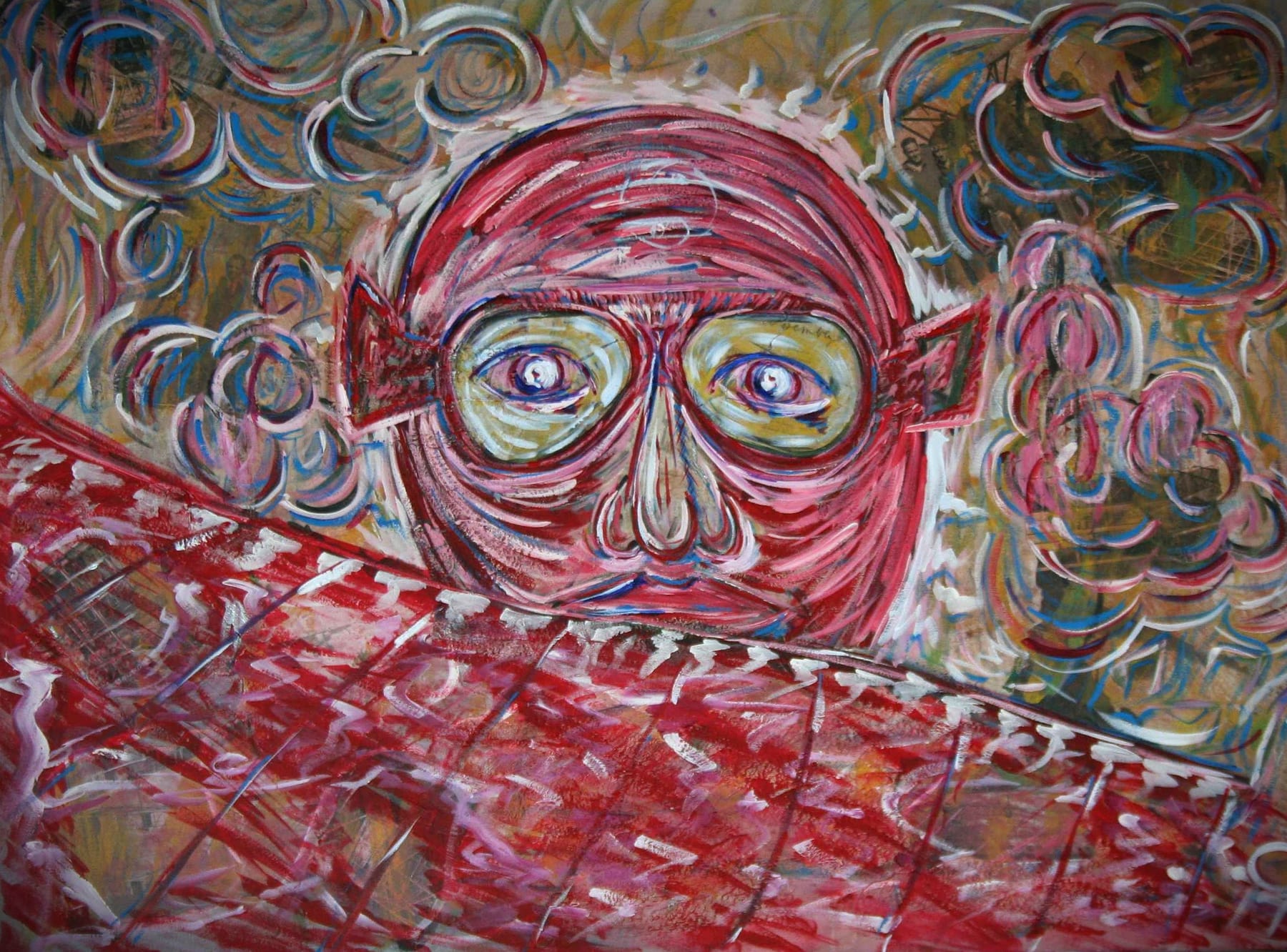 The Aviator large mixed-media painting by Nova Hall. A massive 36x48 inch contemporary evolution of the Charles Lindbergh portrait, Lindy. Created with Robert Rauschenberg assemblage and Arte Povera techniques under Leandro Soto. Incorporates 1927 Donald A. Hall Estate Archive materials. Exhibited at the Challenger Space Center for the Lindbergh Board and ASU. A premier piece for aviation art collectors and museum buyers.