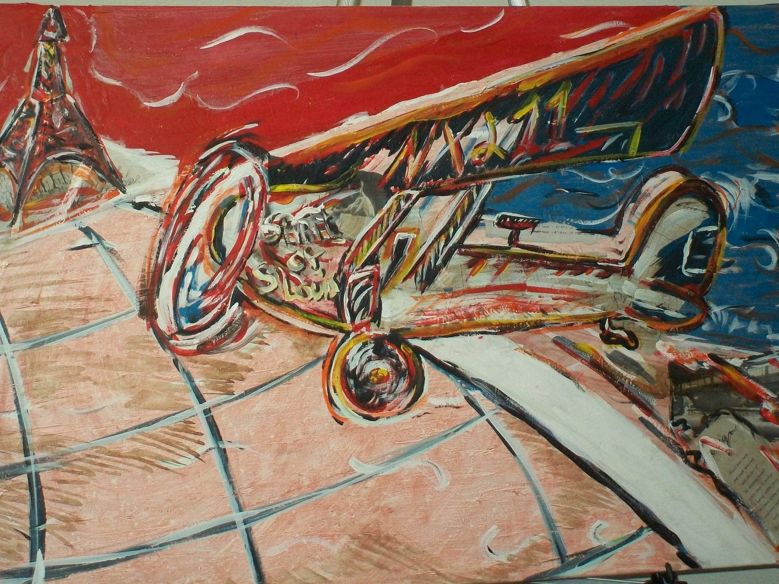 Trans-Atlantic mixed-media painting by Nova Hall. Depicts the Spirit of St. Louis aircraft flying toward the Eiffel Tower over a geometric grid. Created with Arte Povera and Robert Rauschenberg collage techniques featuring 1927 Donald A. Hall Estate Archive materials. Influenced by Leandro Soto and Marc Chagall. Acquired by S. Royer for $10,000. Highly sought by aviation art collectors and museum archives.