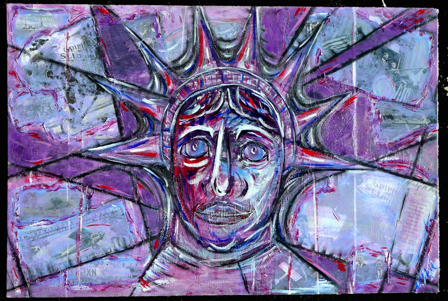 Triumph mixed-media painting by Nova Hall. A foundational 2010 contemporary art piece featuring a shattered, stained-glass depiction of the Statue of Liberty set against a purple backdrop. Created under Leandro Soto, this artwork utilizes Robert Rauschenberg assemblage techniques, embedding 1927 Donald A. Hall Estate Archive photographs of the Spirit of St. Louis. Stolen from Sun Studios in Tempe, Arizona. A critical piece for fine art museums and aviation history collectors.