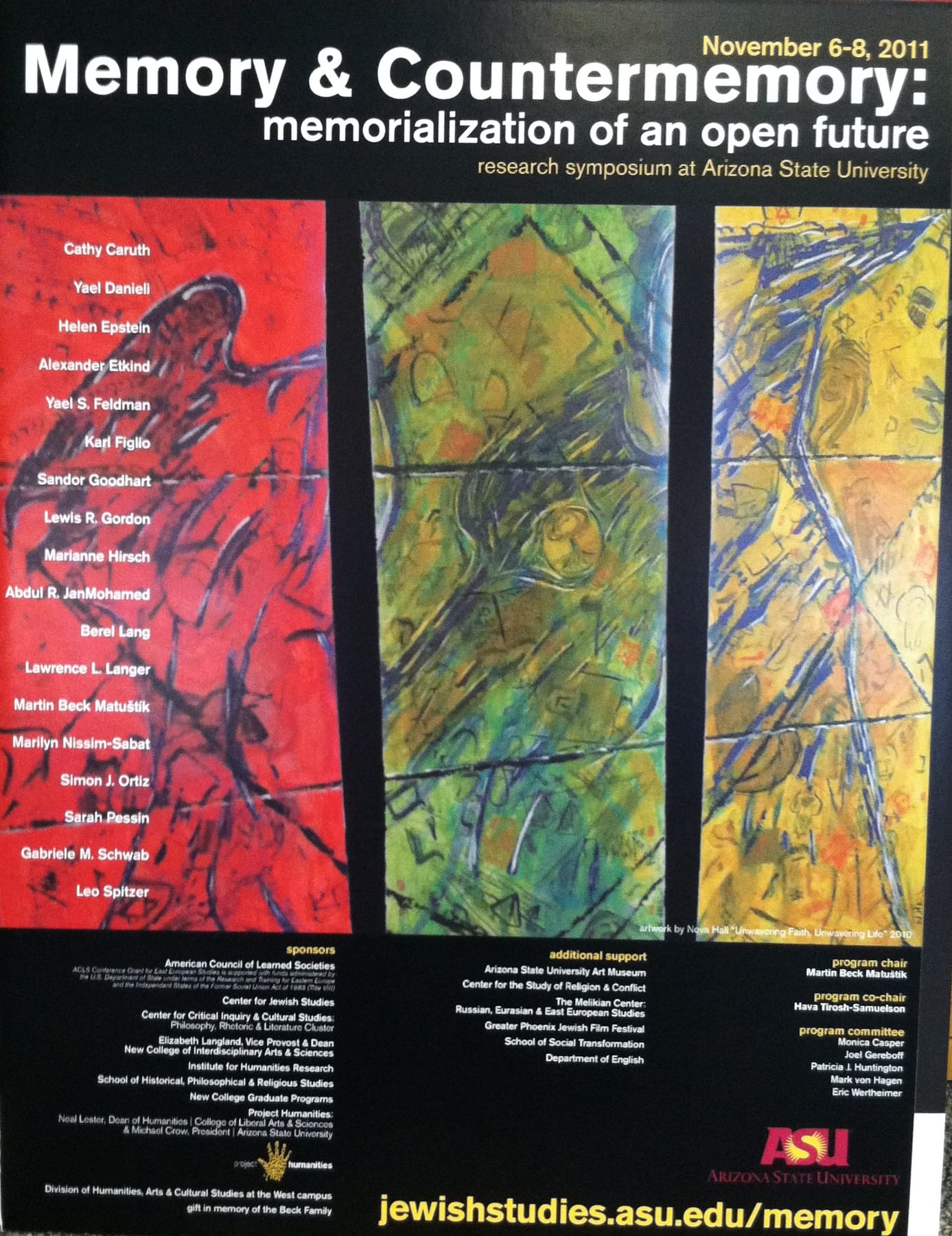 Unwavering Faith, Unwavering Life triptych painting by Nova Hall. Three 8x3 foot panels commissioned by the David and Marilyn Frazer Memorial Award for the Arts (Hillel ASU). Utilizes sumi ink, acrylic, and reversed Nazi stamps to explore 1,000 years of Jewish history, family resilience, and the Holocaust. Mentored by Leandro Soto. A monumental acquisition for Holocaust museums, Jewish cultural archives, and fine art collectors.