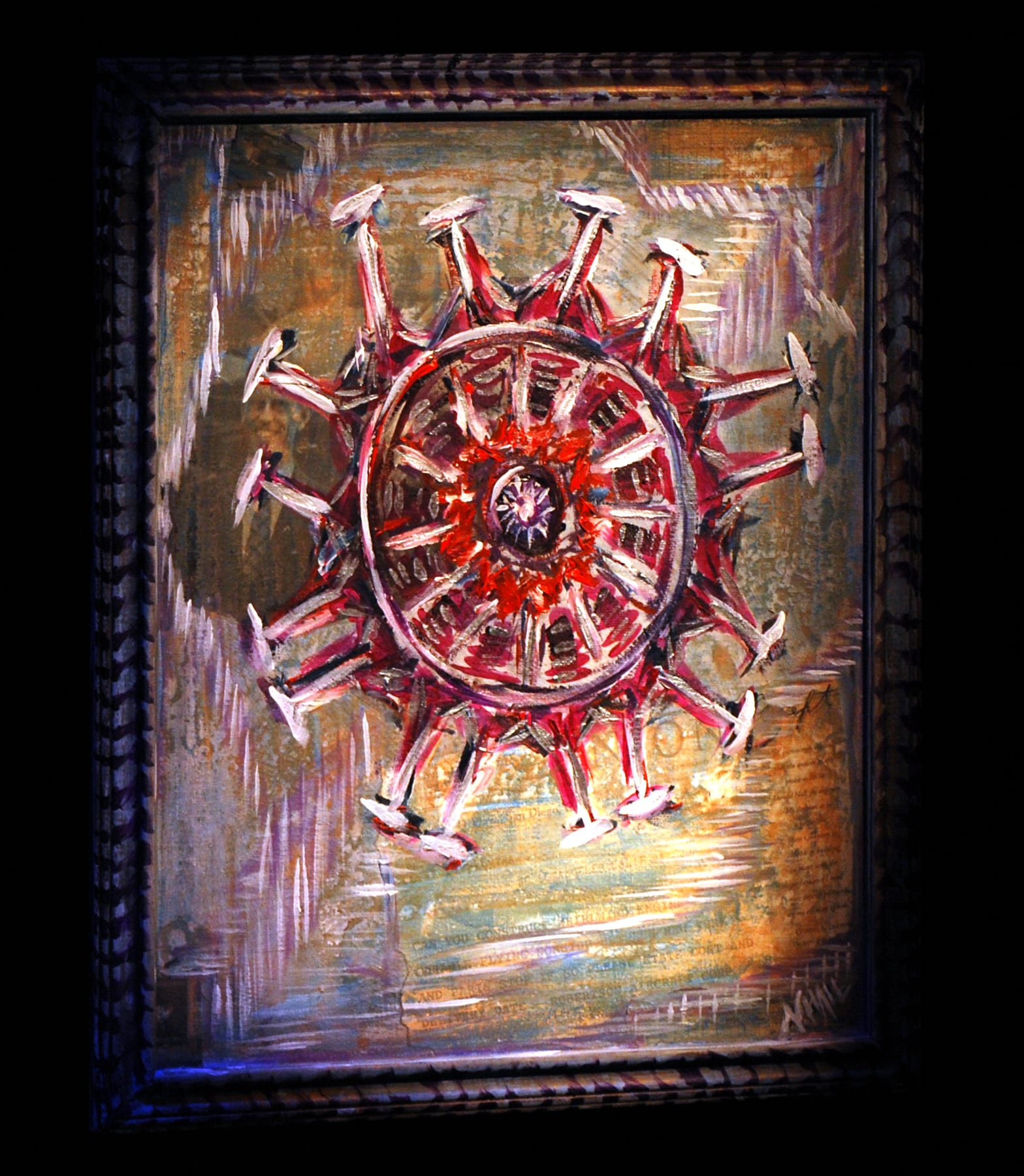 The Whirlwind Engine mixed-media painting by Nova Hall. A 22x18 inch experimental contemporary artwork honoring the Wright J-5c engine of the Spirit of St. Louis. Utilizes Arte Povera and Robert Rauschenberg collage methods on recycled canvas and frame. Mentored by Leandro Soto. Embedded with 1927 Donald A. Hall Estate Archive texts. Essential acquisition for aerospace museums, aviation historians, and fine art collectors.