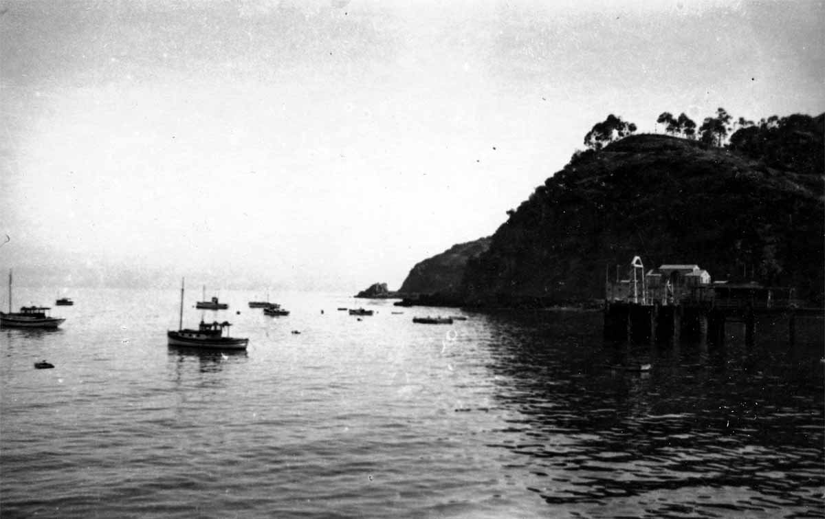 A calm, hazy view looking across the water toward a rugged, rocky coastline, with a prominent pier structure built out over the water.