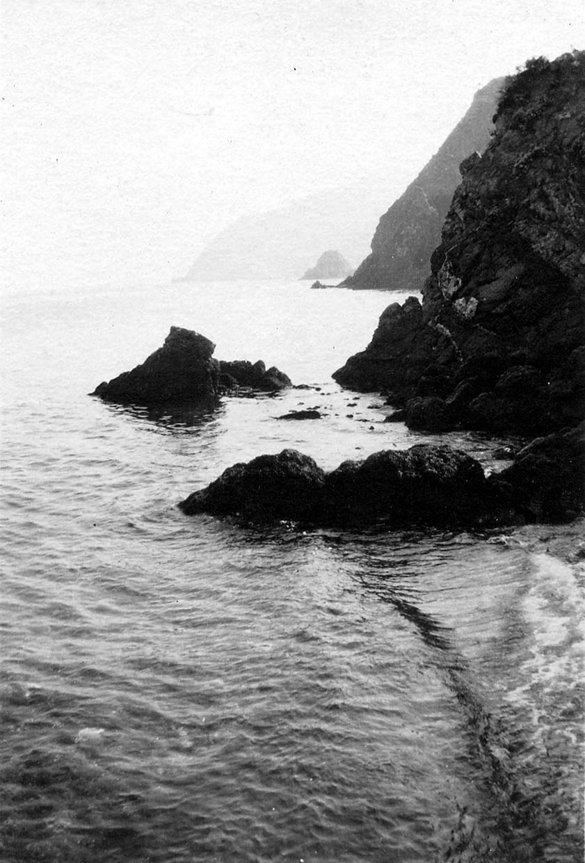 Sheer, dark coastal cliffs descending steeply into clear ocean water with jagged rocks and sea stacks lining a secluded cove.
