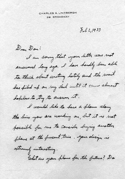 Page 1 of a handwritten letter from Charles A. Lindbergh to Donald A. Hall Sr. discussing the Hall X-1 design on 39 Broadway stationery.