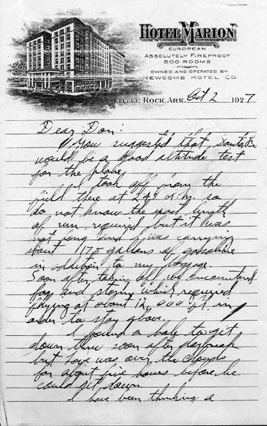 Page 1 of a handwritten letter from Charles A. Lindbergh to Donald A. Hall Sr. detailing the Santa Fe altitude test on Hotel Marion letterhead.