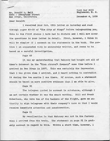 Page 1 of a typed letter signed from Charles A. Lindbergh to Donald A. Hall Sr. clarifying factory ownership and Robertson telegrams.