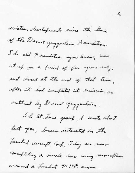 Page 2 of a handwritten letter from Charles A. Lindbergh explaining the Daniel Guggenheim Foundation and Lambert Aircraft.