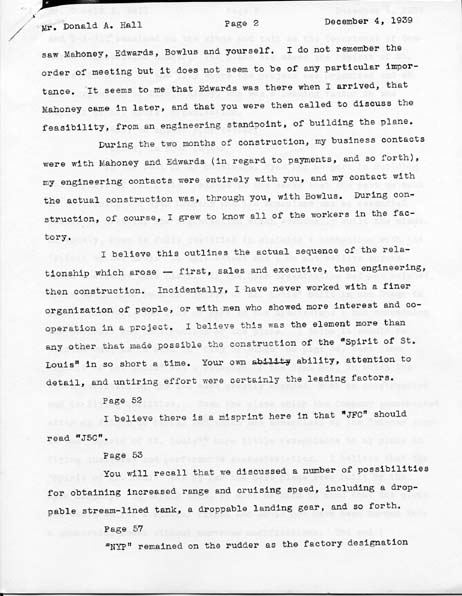 Page 2 of a typed letter signed from Charles A. Lindbergh declaring Donald Hall's ability and effort the leading factors of the Spirit.