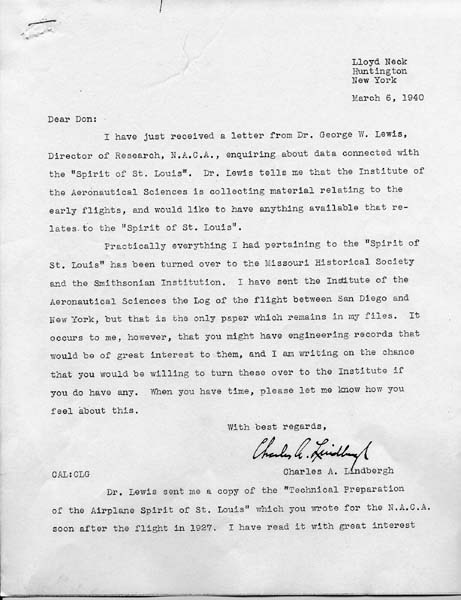 Page 1 of a typed letter signed from Charles A. Lindbergh to Donald A. Hall Sr. discussing NACA records and the Institute of the Aeronautical Sciences.