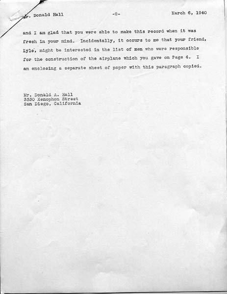 Page 2 of a typed letter signed from Charles A. Lindbergh commending Donald Hall for drafting NACA Technical Note 257.