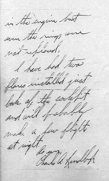 Page 4 of a handwritten letter from Charles A. Lindbergh detailing landing flares installed on the Spirit for night flights.