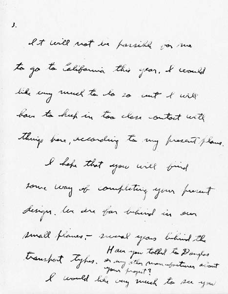 Page 3 of a handwritten letter from Charles A. Lindbergh urging Donald A. Hall Sr. to complete his small plane designs.
