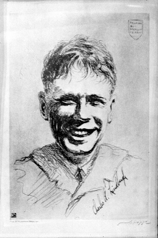Lithographic portrait sketch of Charles A. Lindbergh with Latin crest Palmam Qui Meruit Ferat and signature.