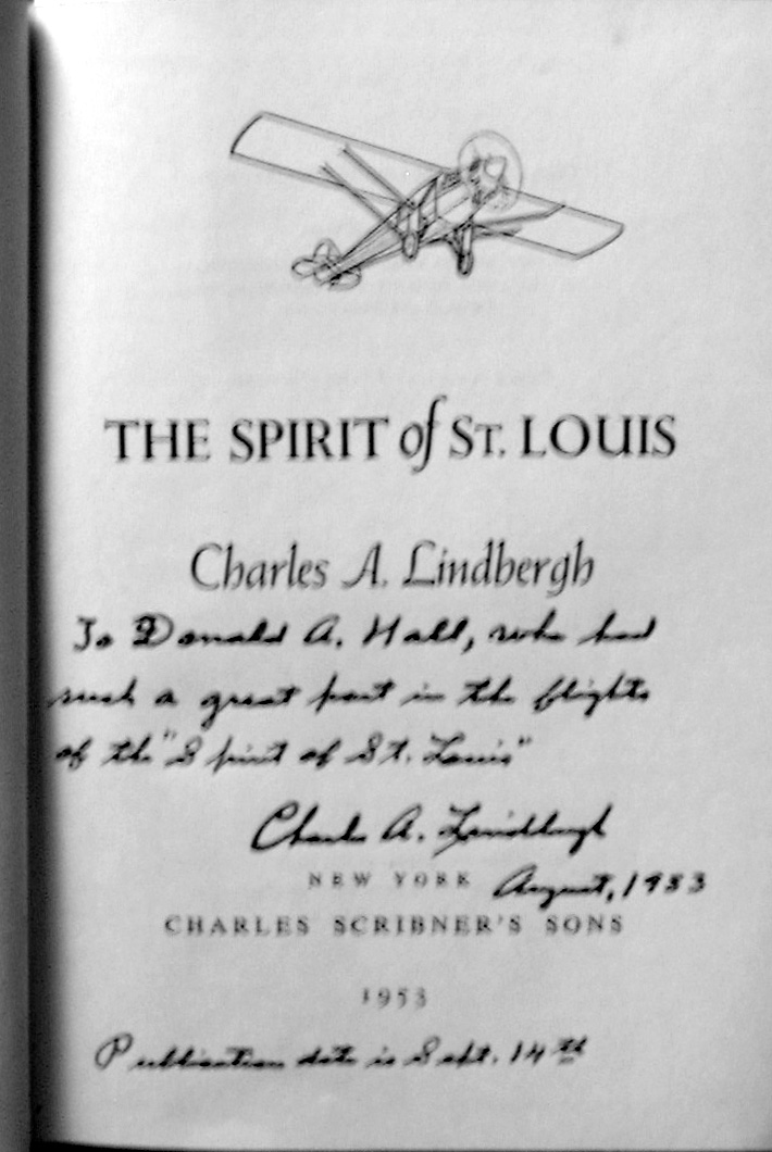 Title page of an advance copy of The Spirit of St. Louis inscribed by Charles A. Lindbergh to Donald A. Hall in August 1953.