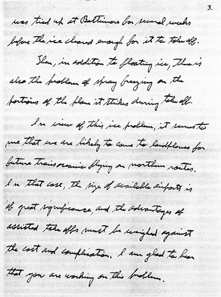 Page 3 of an autograph letter from Charles A. Lindbergh predicting landplanes for northern transoceanic routes and praising Hall's research.