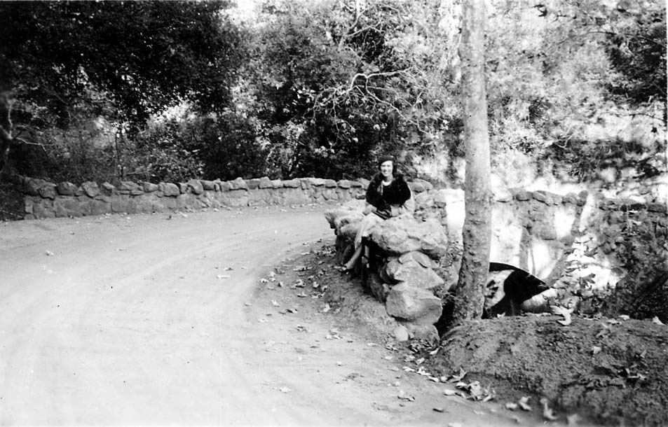 A portrait of Elisabeth "Betty" Hall smiling warmly, sitting on a rustic stone bridge spanning a dry creek bed in a wooded area.