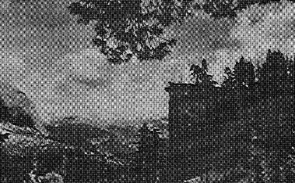 A vintage halftone dot-pattern print reproduction showing an overhanging granite cliff and sweeping Yosemite mountain overlook.