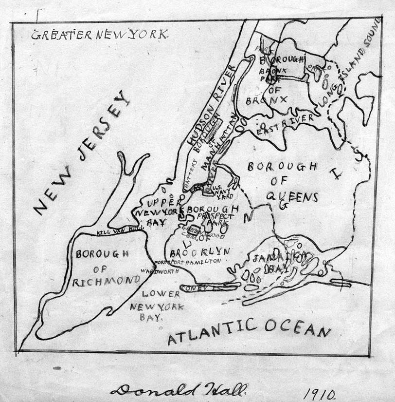 Original pen and ink hand-drawn map of Greater New York drafted and signed by Donald Hall in 1910 at age twelve.