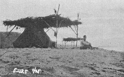 A grainy halftone image of a person sitting under a makeshift grass and stick shelter on the beach.