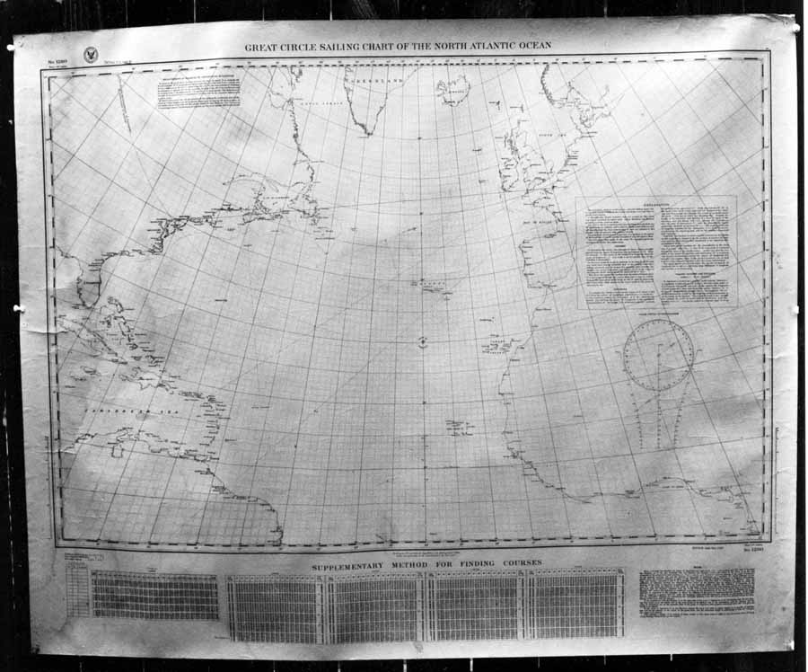 A close-up photographic record of Charles Lindbergh's original North Atlantic Great Circle Sailing Chart.