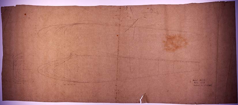 Original master aerodynamic lofting lines drawing on drafting vellum signed Model NYP April 1927 Designed by D.A. Hall.