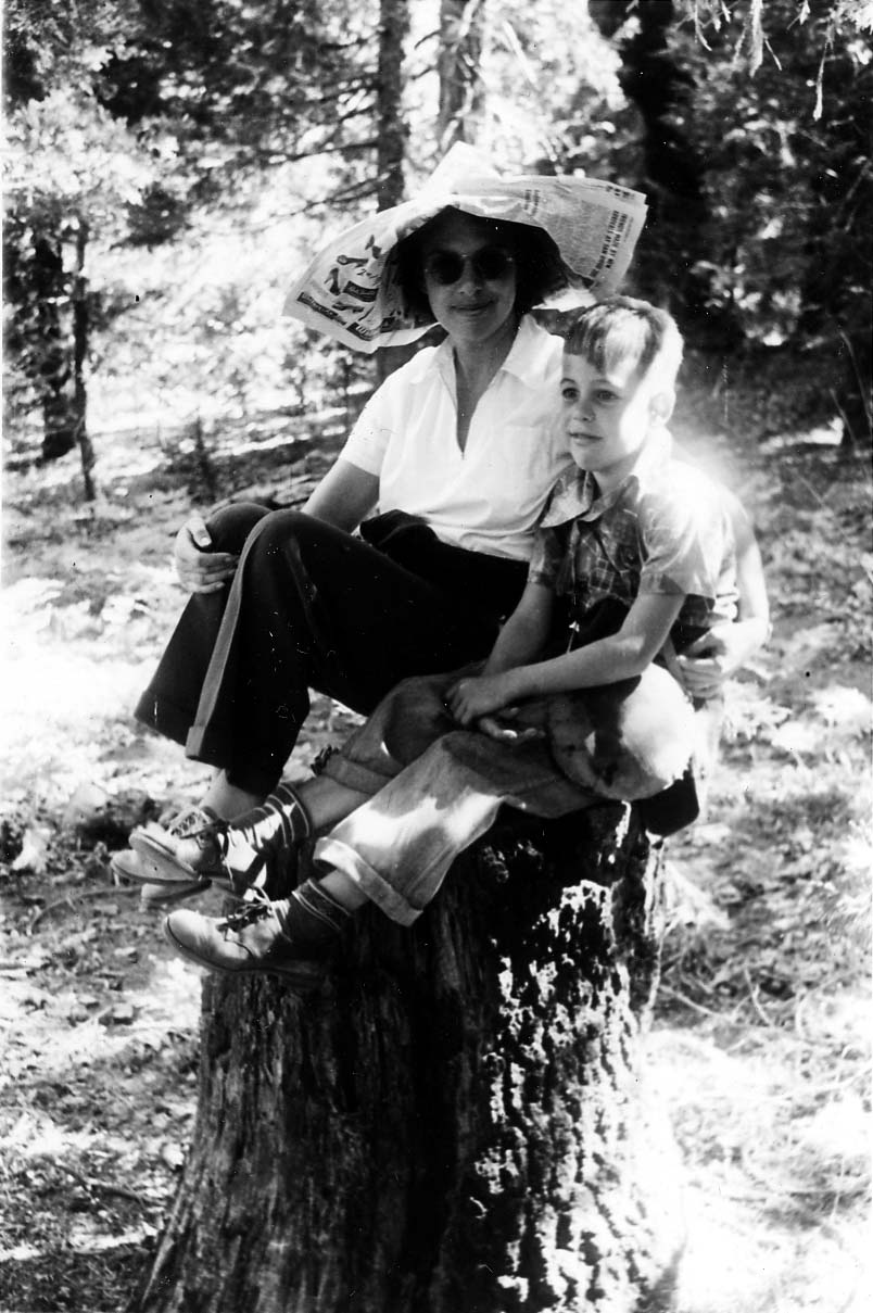 A woman playfully wearing a folded newspaper hat, sitting on a large tree stump in a forest alongside a young boy in overalls.
