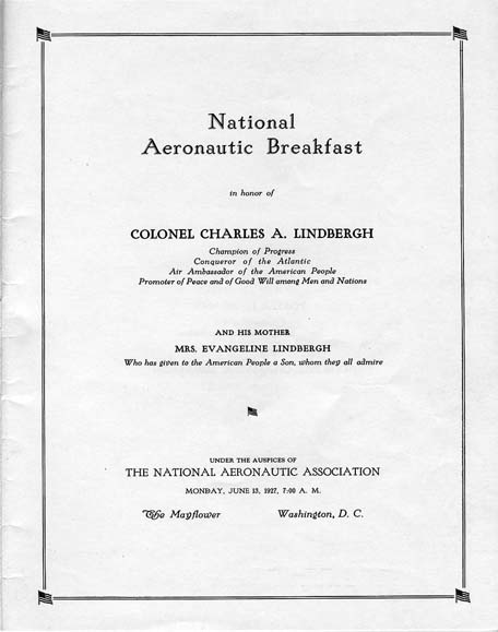 The title page of the National Aeronautic Breakfast program at The Mayflower Hotel in Washington D.C. honoring Lindbergh and his mother.
