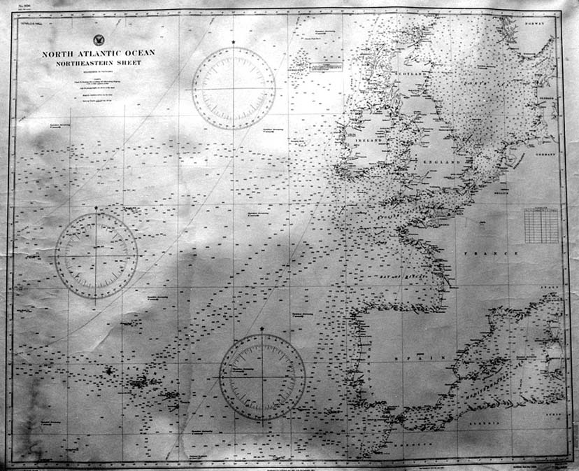 Large-format maritime navigation chart of the Northeastern North Atlantic Ocean showing Ireland, Great Britain, and the European coast.