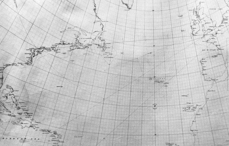 A wide view of Charles Lindbergh's original Great Circle Sailing Chart of the North Atlantic Ocean used for his 1927 transatlantic flight.