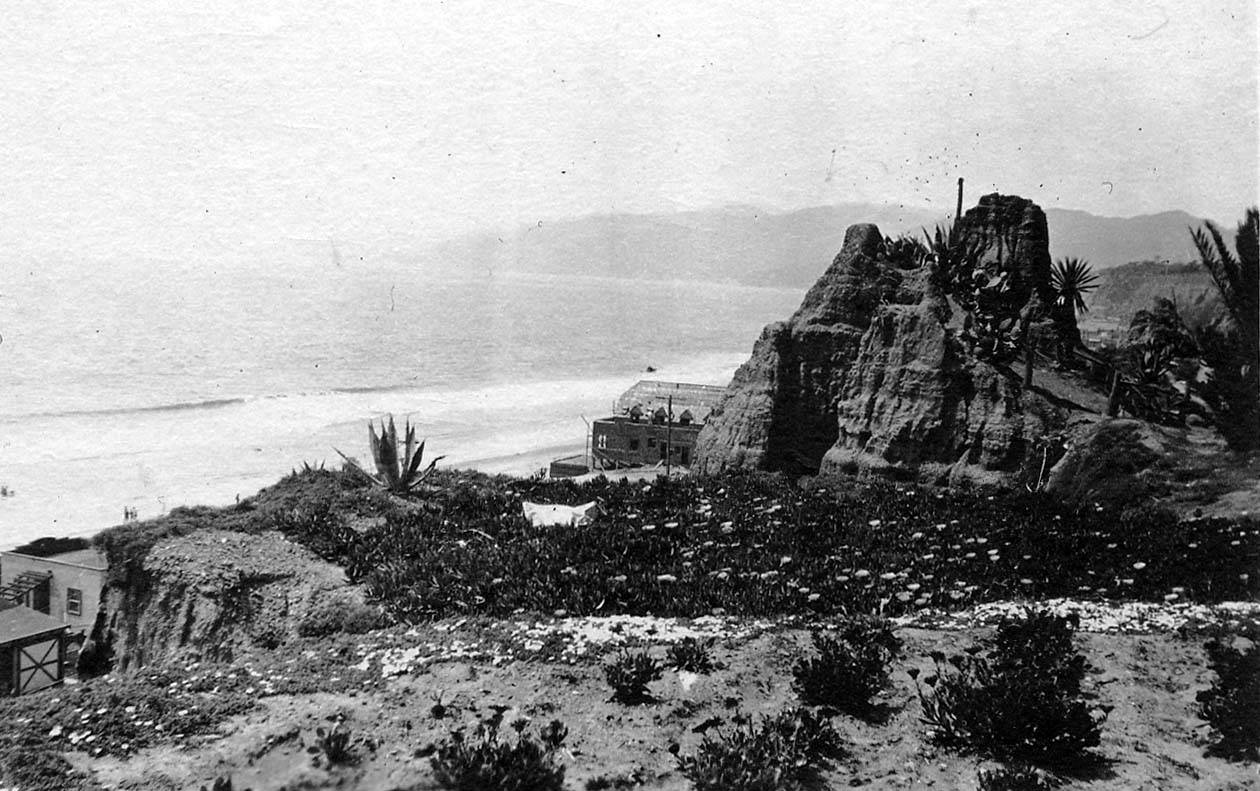 An elevated view over coastal succulents, ice plant, and a rugged sandstone promontory overlooking the beach and Santa Monica Bay.