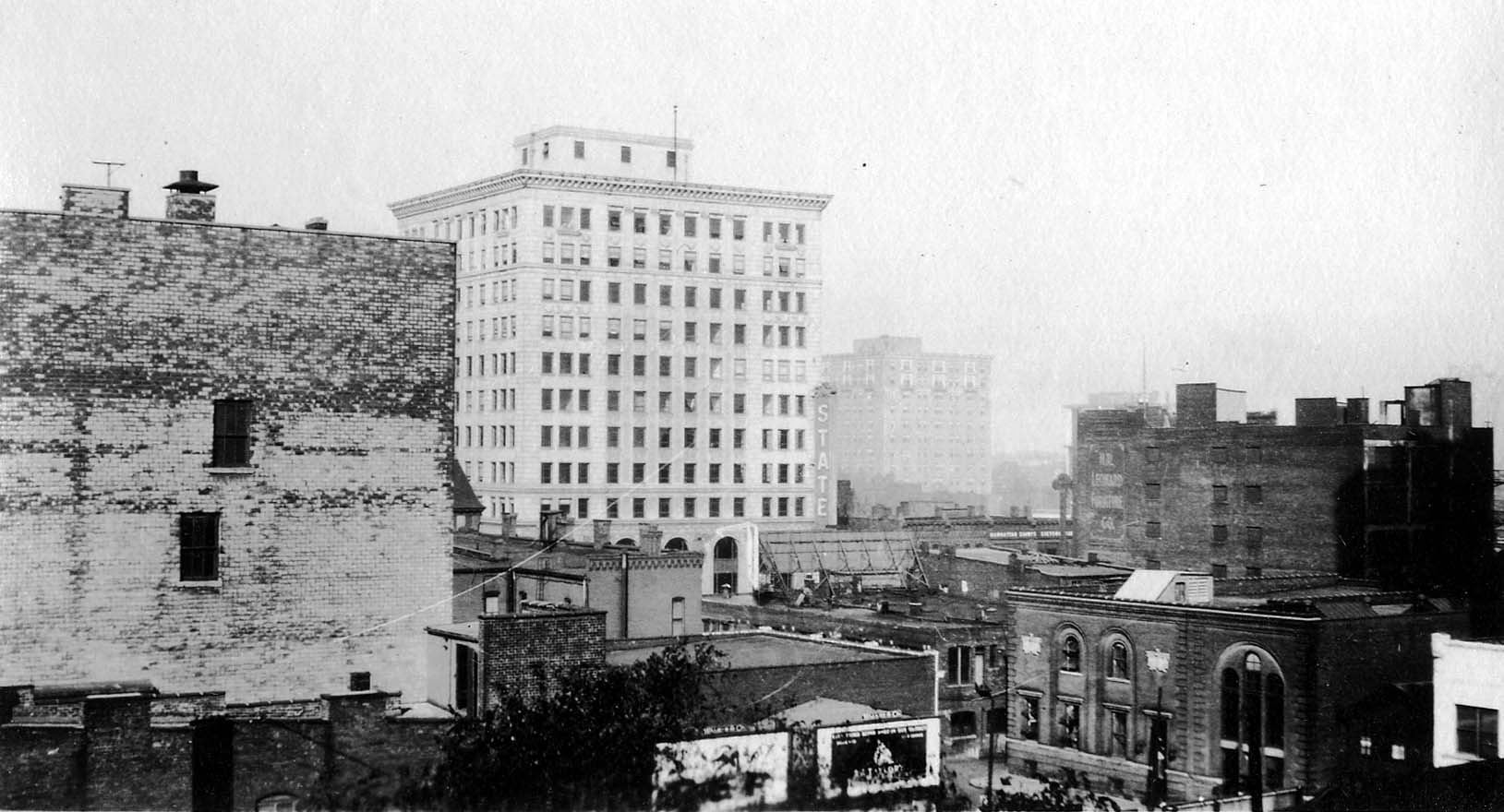 An elevated rooftop view overlooking Detroit brick buildings toward the white Palms Building featuring the vertical State Theatre sign.