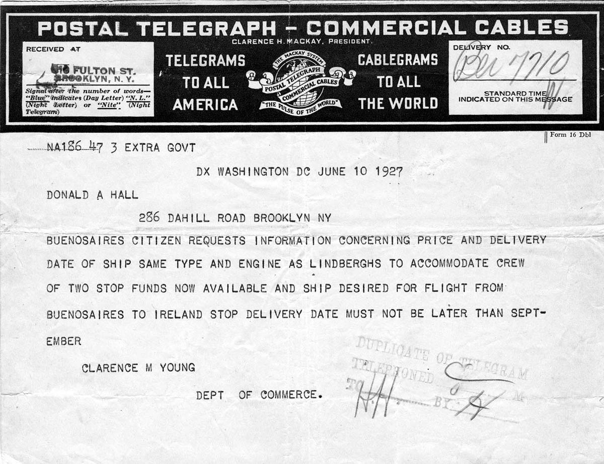 Postal Telegraph from Clarence M. Young at Commerce Department to Donald Hall regarding a Buenos Aires transatlantic aircraft inquiry.