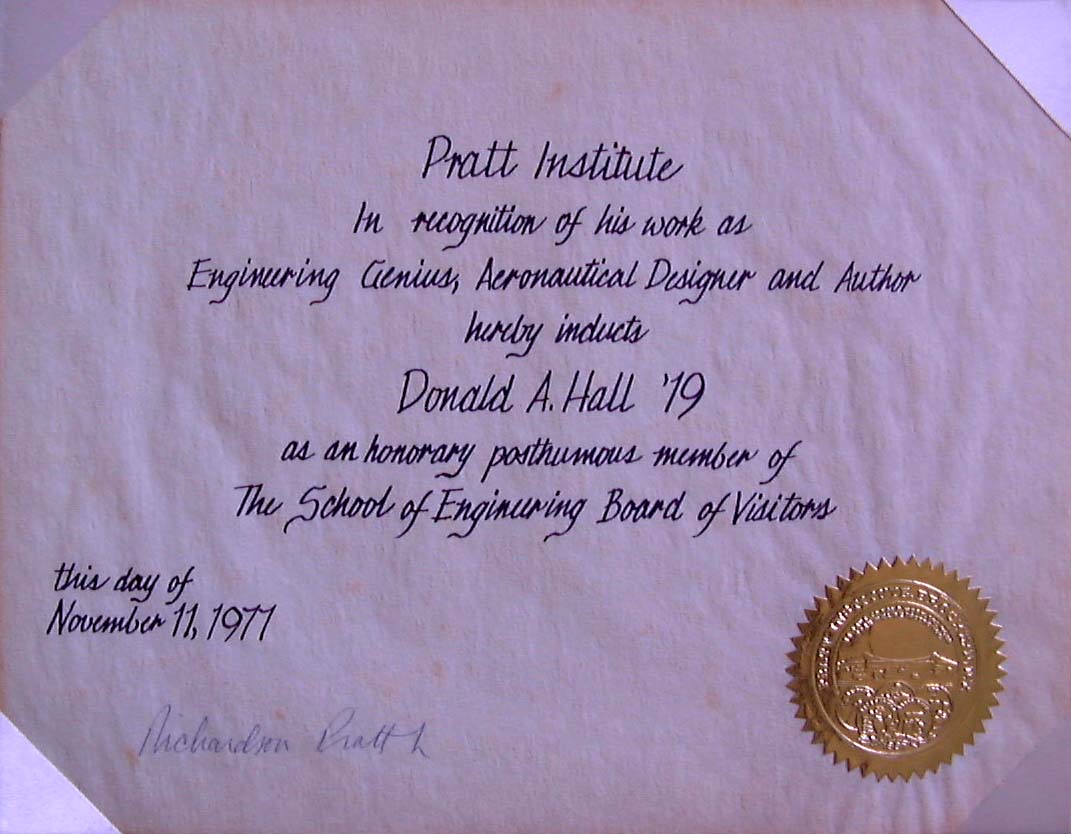 Certificate from Pratt Institute inducting Donald A. Hall Class of 1919 as an Engineering Genius and Aeronautical Designer in 1977.