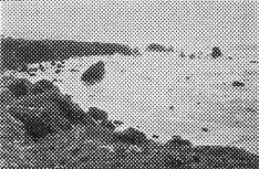 A vintage print of a secluded, rugged rocky ocean cove with dark rock formations and sea stacks rising from calm waters.