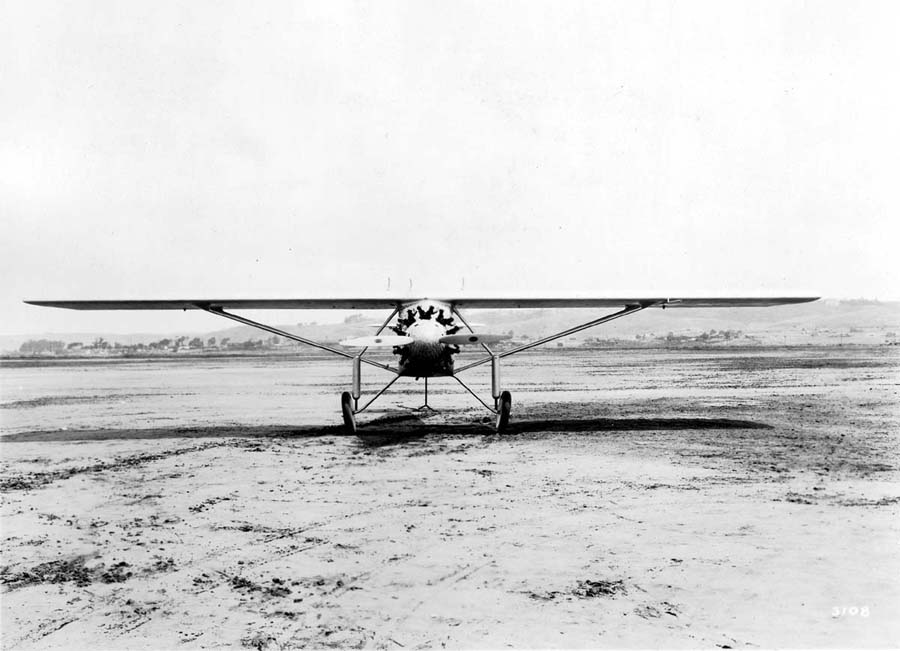 Master front-view photograph plate 3108 of the Ryan NYP Spirit of St. Louis on Dutch Flats with tail elevated on test stand.