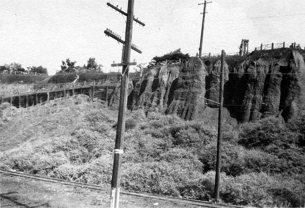 Eroded sandstone bluffs of the Santa Monica Palisades showing wooden cribbing, telephone poles, and coastal railway tracks at the base.