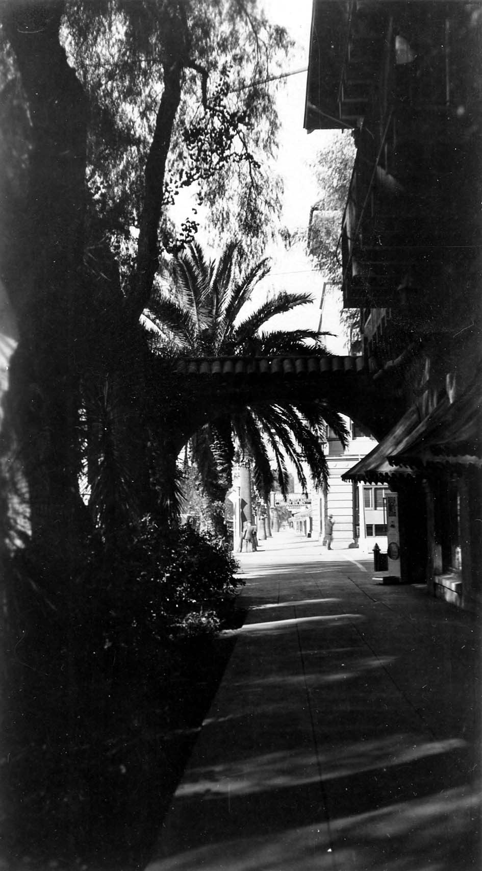 A high-angle vertical perspective looking through a shaded Spanish-style archway and pergola down a wide, sunny Santa Monica sidewalk.