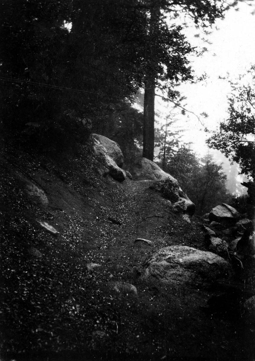 A steep, narrow dirt trail winding upward through dense shadow past large granite boulders and towering conifers.
