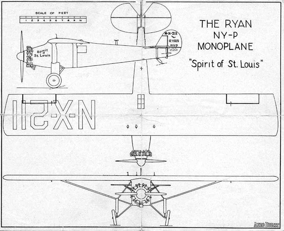 Published three-view general arrangement line drawing of the Ryan NYP Spirit of St. Louis from Aero Digest magazine in July 1927.