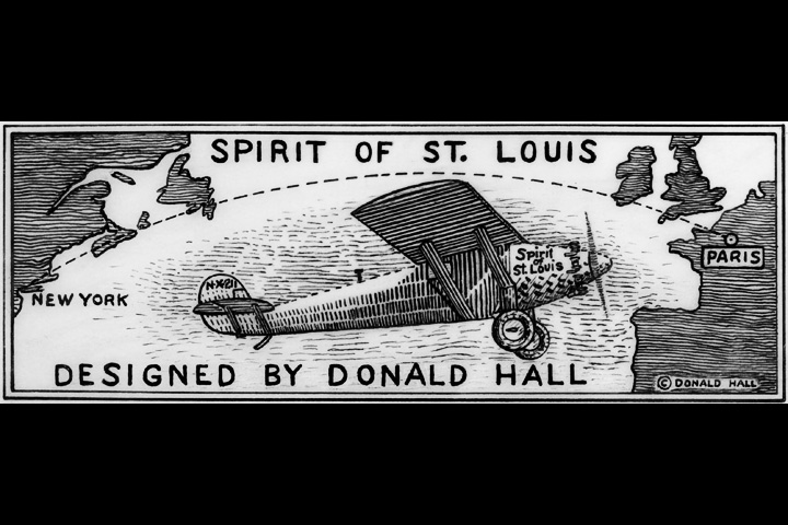 Graphic line-art print plate showing the Spirit of St. Louis in flight across the Atlantic inscribed Designed by Donald Hall.