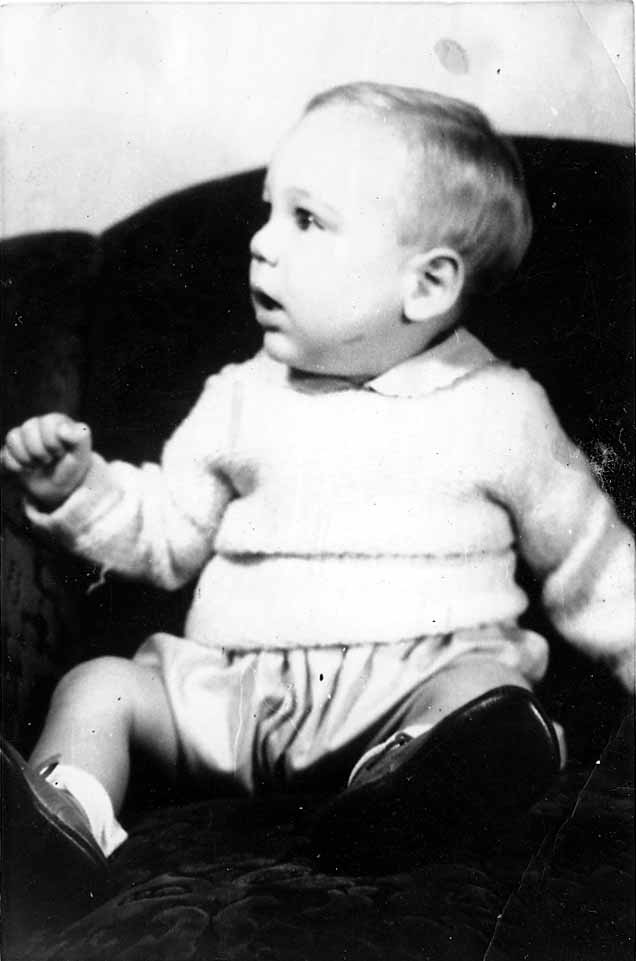 A toddler, Don Hall Jr., wearing a light sweater and shorts, sitting in a dark, patterned armchair and looking off-camera.