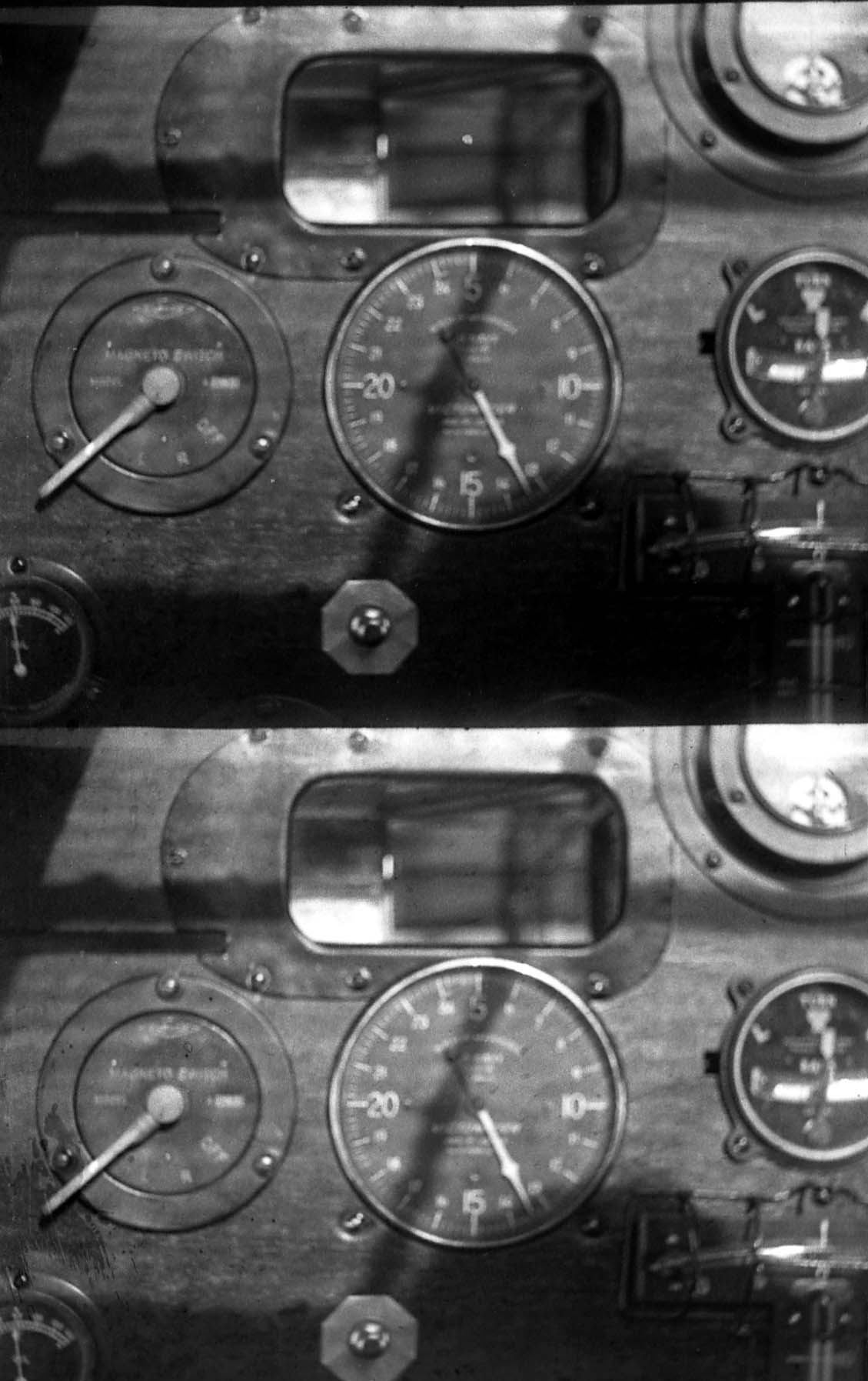 Two-frame contact strip showing the pilot's sightline through the periscope viewport above the cockpit instruments.